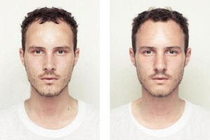 Juxtaposed images of the left and right sides of a male model's face.They challenge ideas that symmetry is more attractive.
