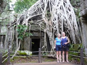 Cleft lip country? Author and wife at Ta Prohm temple at Ankor in Cambodia.