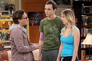 MS shot of Big Bang stars ,Johnny Galecki (villain expert), Jim Parsons, Kaley Cuoco,CBS Bcst
