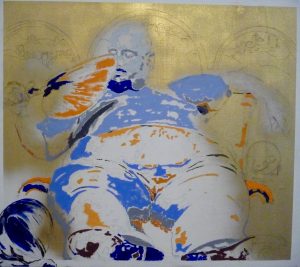Obese man reclining and fanning himself - in gold, turquoise & light blue pigments.