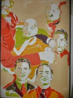 Woman holding infant Karl surrounded by portraits at later ages.