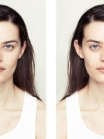 Juxtaposed images of the left and right sides of a female model's.the face. They challenge ideas that symmetry is more attractive.