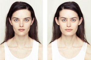 Juxtaposed images of the left and right sides of a female model's.the face. They challenge ideas that symmetry is more attractive.