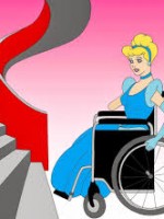 Cindarella in wheelchair at foot of spiral staircase.