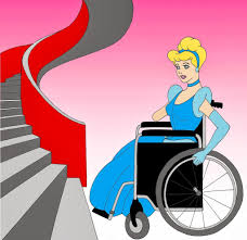 Cindarella in wheelchair at foot of spiral staircase.