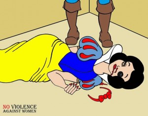 Cartoon version of Snow White, bleeding from mouth, to draw attention to domestic violence, by Italian artist Alexsandro Palombo