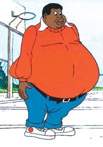 Cartoon of Fat Albert in red shirt, blue pants.