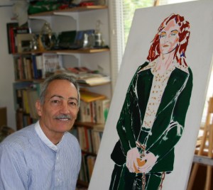 Artist sitting beside life-sized painting of heiress Patty Hearst (painted in greens) in handcuffs.