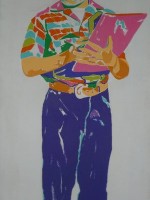 Karl Schonborn's painting of The Bev—holding a book— from Leave it to Beaver - checked shirt, purple pants.