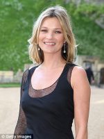 Model Kate Moss in black dress and shoulder-length hair..