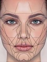 Color drawing of woman's face with lots of lines of symmetry on it.