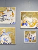 All Seven Deadly Sins paintings at a recent exhibit. 7 paintings hung on a gunmetal grey wall.